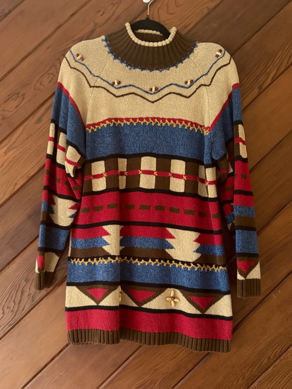 Lizsport Vintage Southwestern Aztec Tunic Sweater M Beaded Mock Neck Boho